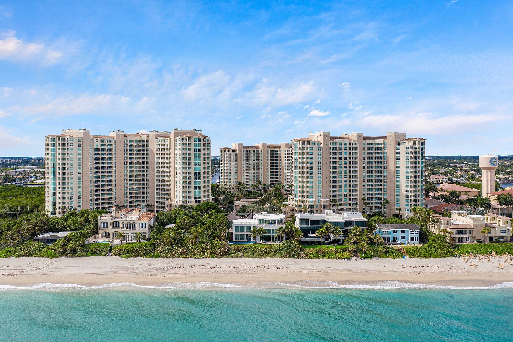 The Highland Beach oceanfront: condominium towers and beachfront estates along the sand between the Atlantic and A1A
